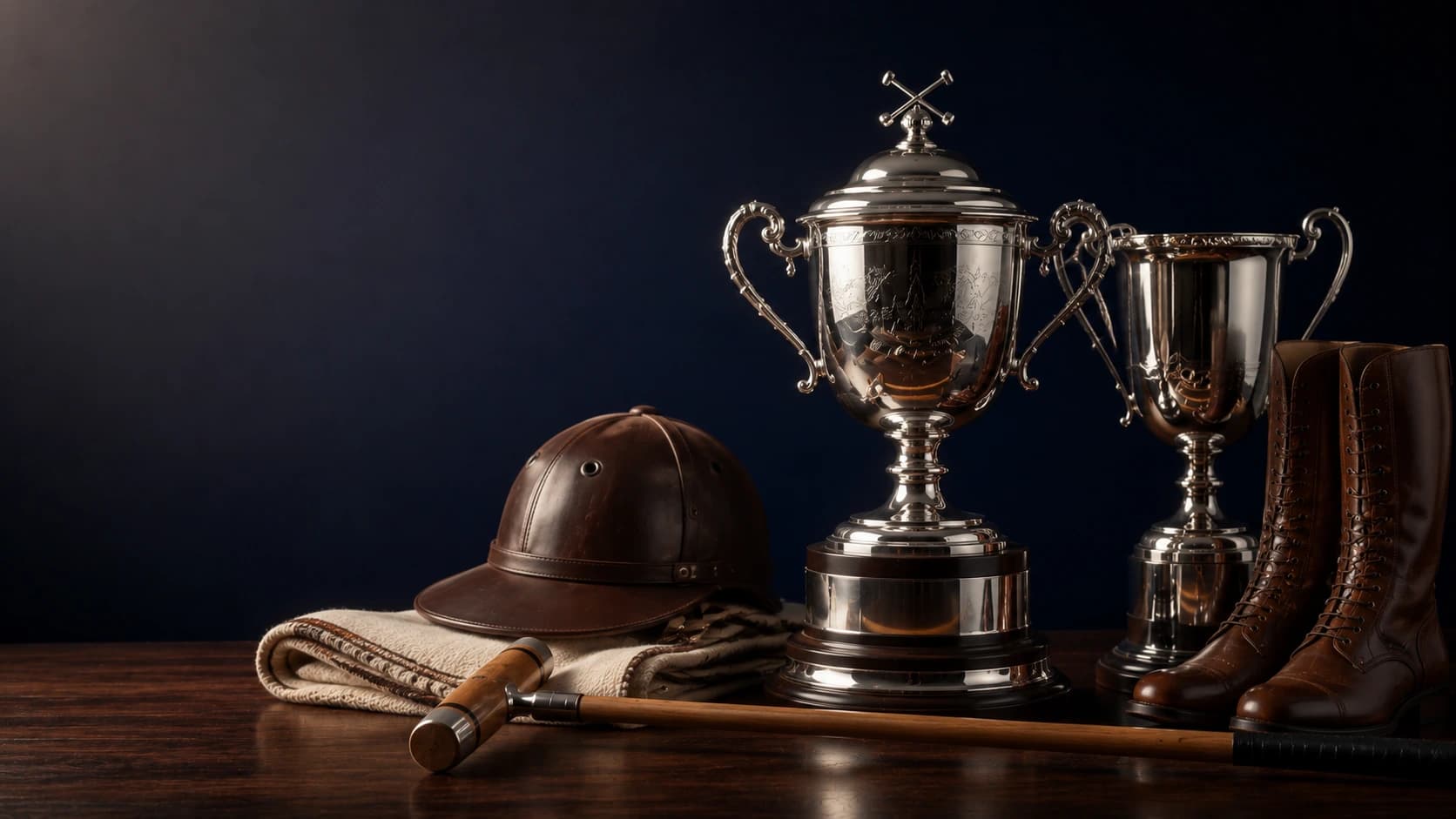 Polo trophies with mallet, helmet, blanket and riding boots arranged on a dark wooden table