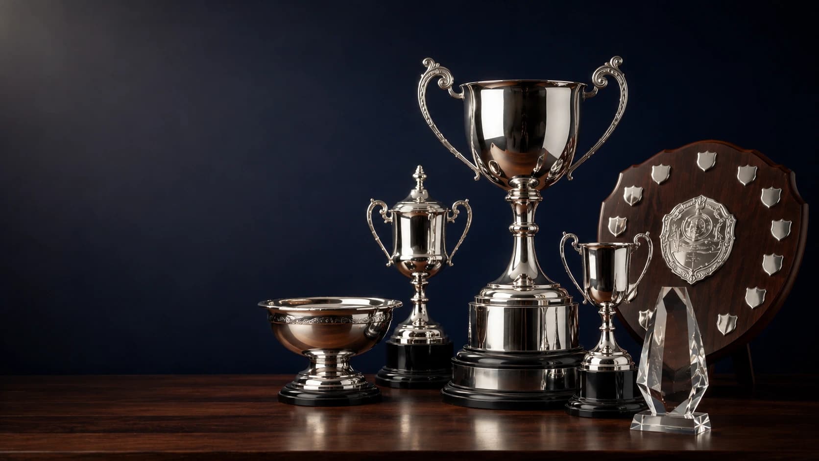 Silver trophies, presentation bowl, wooden shield and crystal award arranged for an awards ceremony