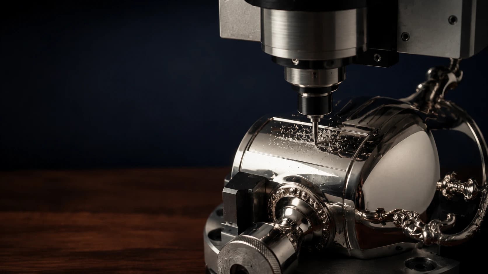 Close-up of machine engraving on a polished silver trophy